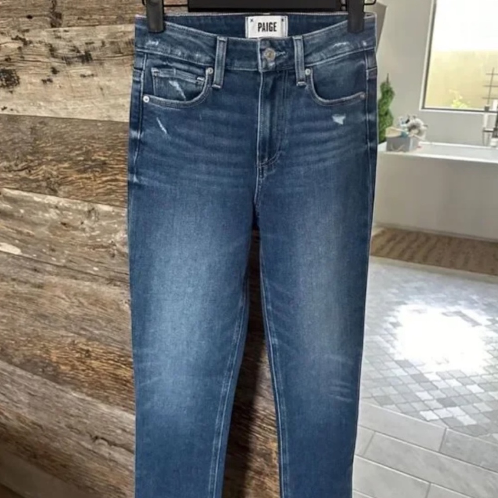 PAIGE Hoxton Slim Raw Hem High Rise Jeans 23 Eiffel Distressed NWT - Picture 7 of 9